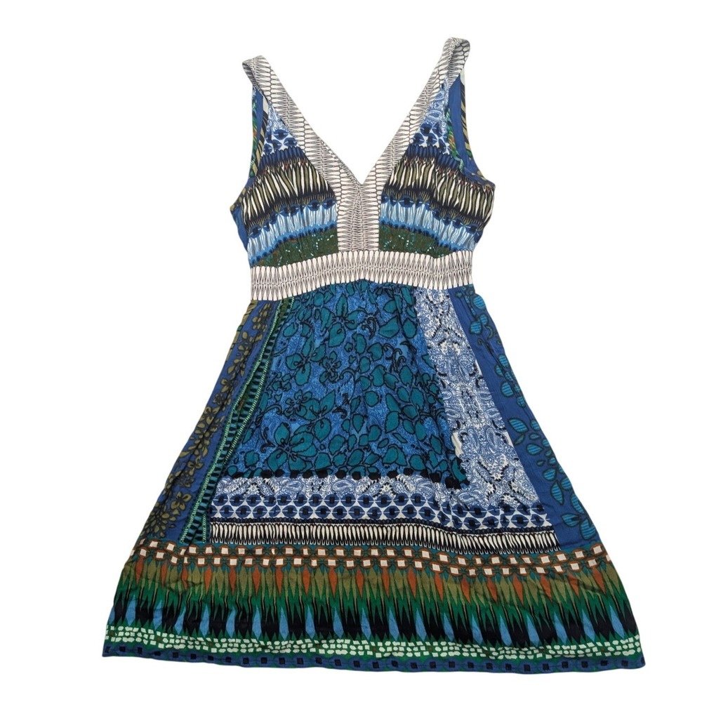 Bila Patchwork Mixed Print Boho Dress Womens Large Blue Green V-Neck Tie Back